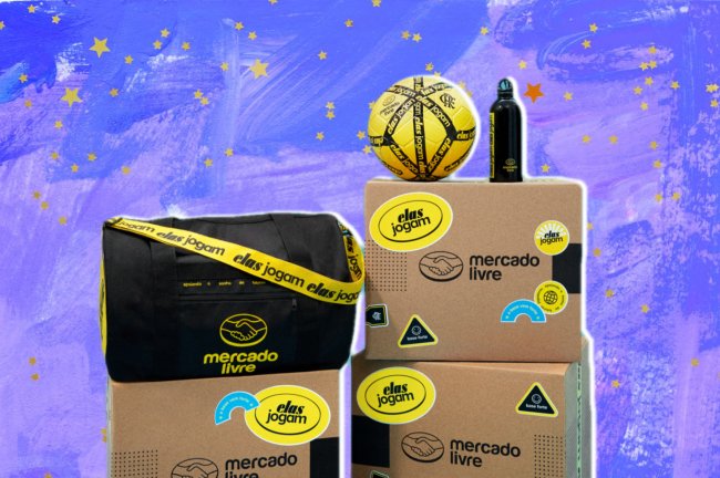 Campanha elas jogam Fundo azul com estrelas. Ao centro, foto de caixas do mercado livre, uma bolsa esportiva preta com faixa amarela, uma bola amarela e uma garrafa preta.