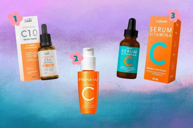 Montagem com o fundo degradê em tons de azul e roxo com três produtos de vitamina C para uma rotina de skincare.