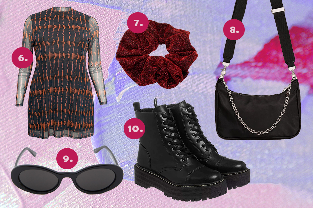 look-lollapalooza-2022-02 Montagem com fundo em tons de roxo e sugestões de peças para o Lollapalooza: vestido de tule, scrunchie, bolsa preta, óculos de sol e coturno