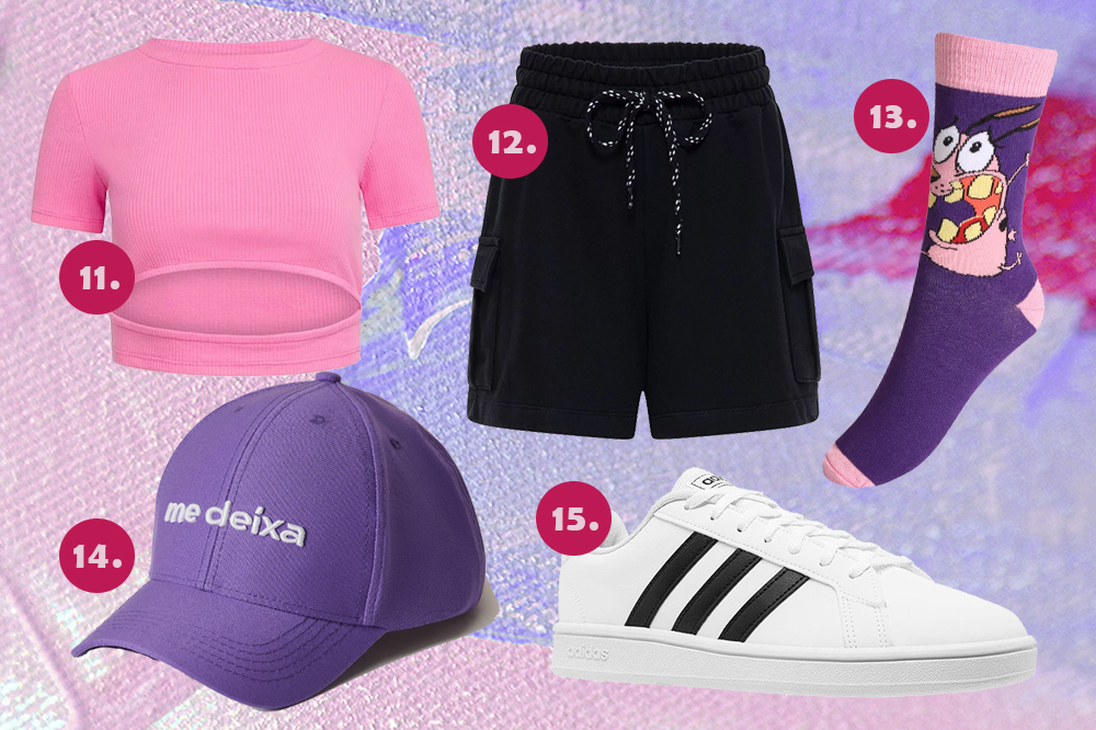 Montagem com fundo em tons de roxo e sugestões de peças para o Lollapalooza: blusa rosa, short preto, meia divertida, boné roxo e tênis branco