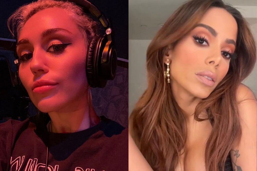 Duas selfies; na primeira Miley Cyrus com fones de ouvido iluminada por uma luz avermelhada; na segunda Anitta com expressão séria