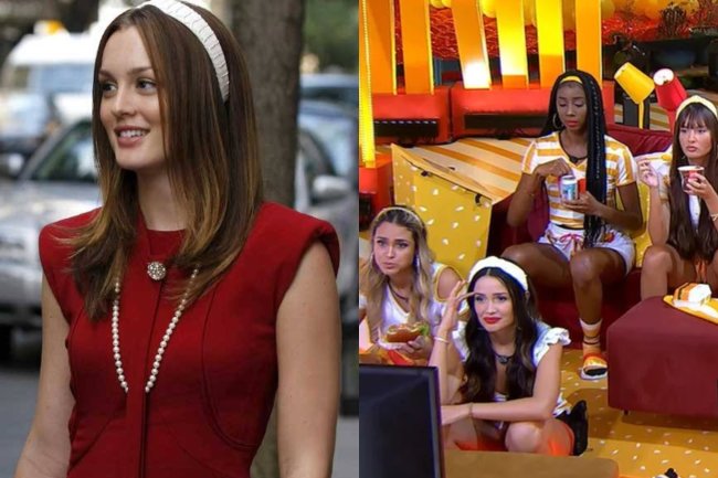 Á esquerda, imagem da personagem Blair Waldorf e sua tiara de cabelo e á direita, as participantes do BBB em uma festa do programa, usando o mesmo acessório.