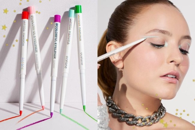 colecao-de-make-larissa-manoela Montagem com a foto dos lápis coloridos da coleção Larissa Manoela + Océane e foto da Larissa passando o lápis azul na pálpebra.