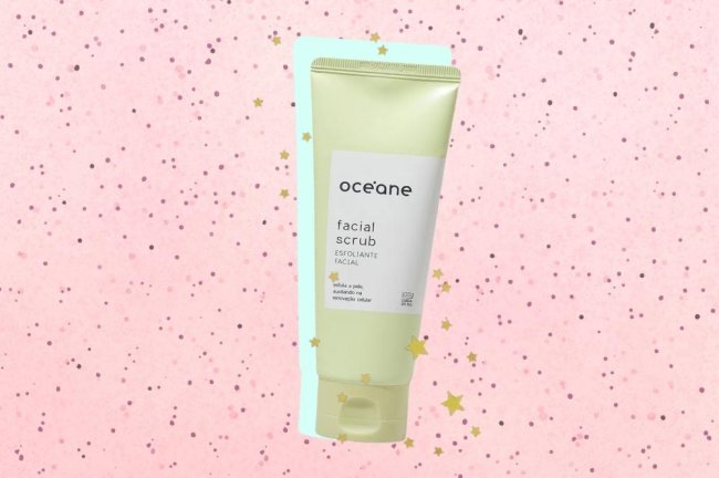 esfoliante-oceane Montagem com o fundo colorido e foto do esfoliante da marca Océane no centro com detalhes de estrelas douradas em volta.
