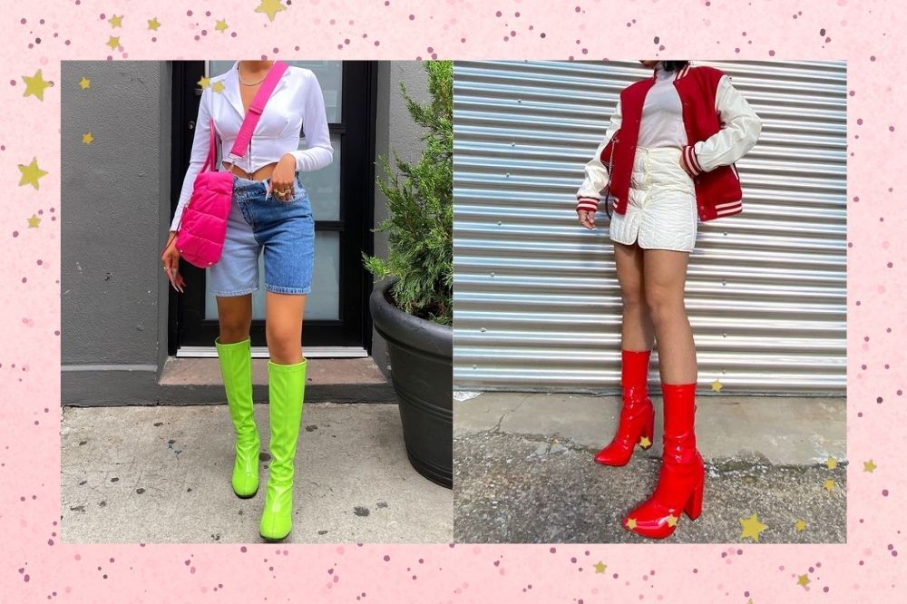 Montagem com o fundo rosa e detalhes de estrelas douradas com duas fotos de looks com botas coloridas no centro.