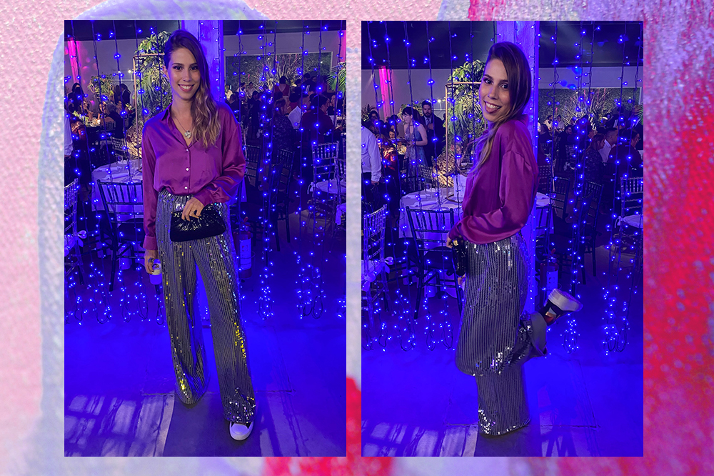 look-formatura-sofia-duarte-02 Montagem em fundo lilás e roxo da repórter Sofia Duarte usando calça de paetês, camisa roxa e tênis em sua festa de formatura
