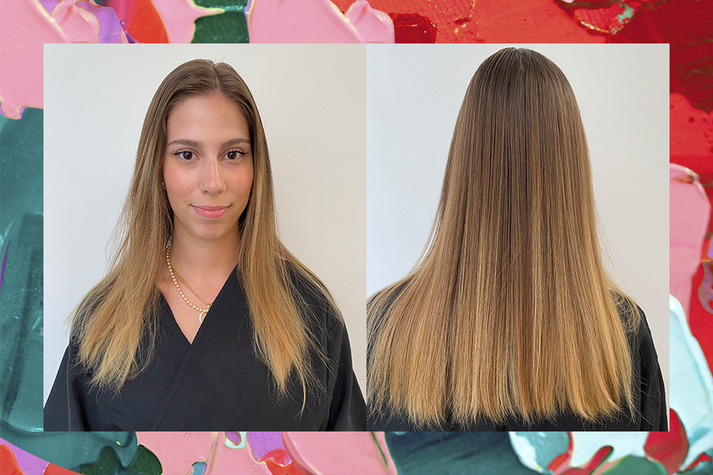 mudança-cabelo-reporter-sofia-duarte-capricho-01 Montagem em fundo com tintas rosa, verde e vermelho de duas fotos da repórter Sofia Duarte. Uma de frente olhando para a câmera e uma do cabelo de costas