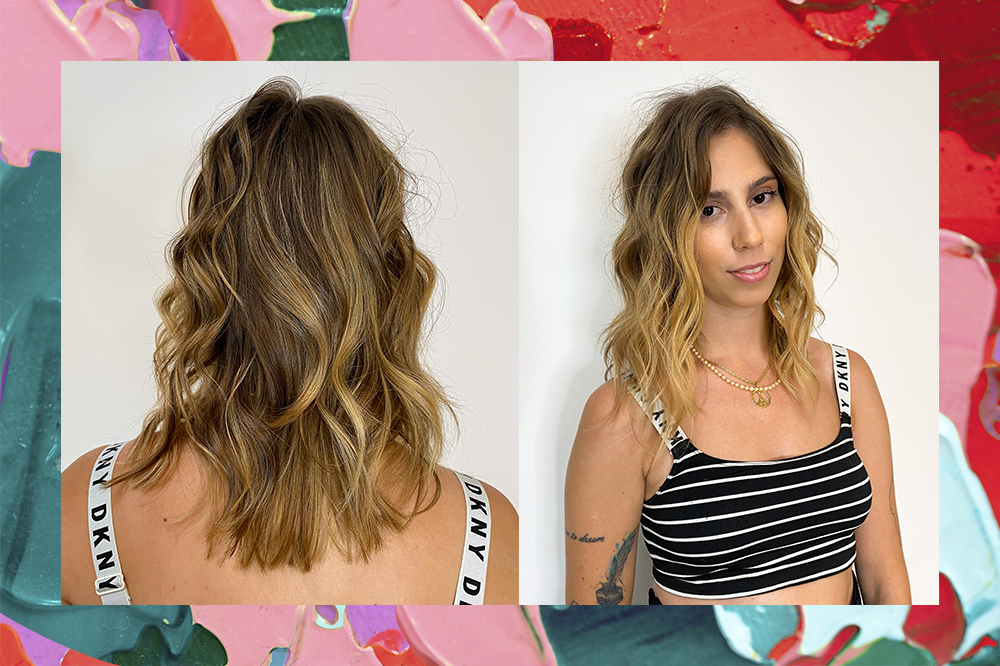 mudança-cabelo-reporter-sofia-duarte-capricho-02 Montagem em fundo com tintas rosa, verde e vermelho de duas fotos da repórter Sofia Duarte. Uma do cabelo de costas e uma de frente olhando para a câmera com expressão facial séria