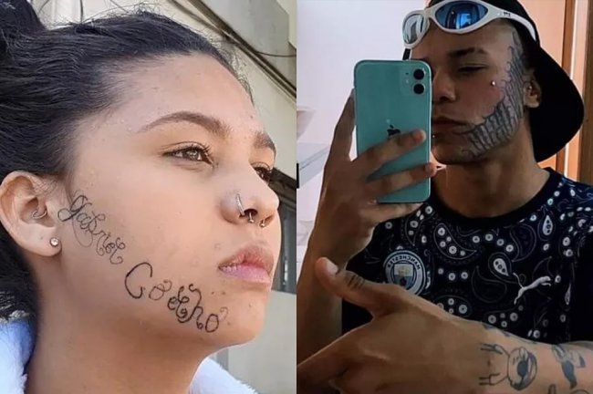 Jovem com rosto tatuado por ex-namorado. Está escrito 