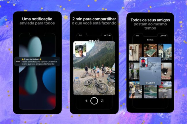nova-rede-be-real-capricho Prints da dela de um celular, com o menu de apresentação do aplicativo