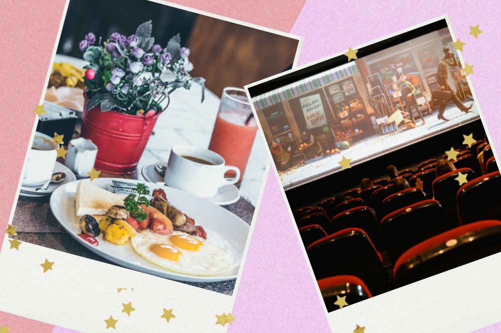 Ideias de passeios Montagem polaroid com foto do cinema e de um café da manhã.