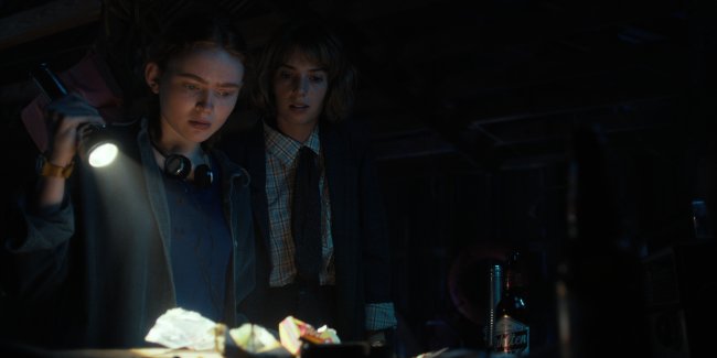 StrangerThings_StrangerThings4_2_01_04_02_14 Sadie Sink como Max Mayfield e Maya Hawke como Robin Buckley na 4ª temporada de Stranger Things; elas estão olhando para algo na mesa sendo iluminado por uma lanterna que está na mão de Max com expressões assustadas e/ou confusas