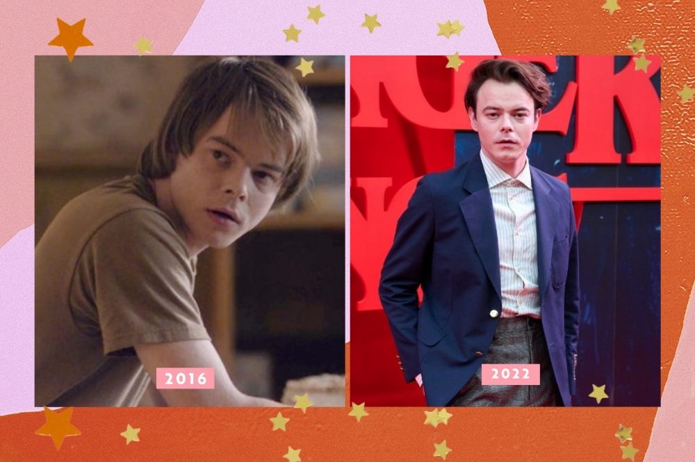 Charlie Heaton em 2016 e, atualmente, em 2022.Montagem com borda colorida com as cores laranja rosa e estrelas mostrando as diferenças na aparência do elenco de stranger things.