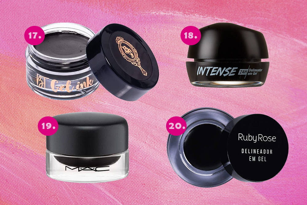 delineador-preto-em-gel Montagem em fundo rosa de quatro delineadores pretos em gel