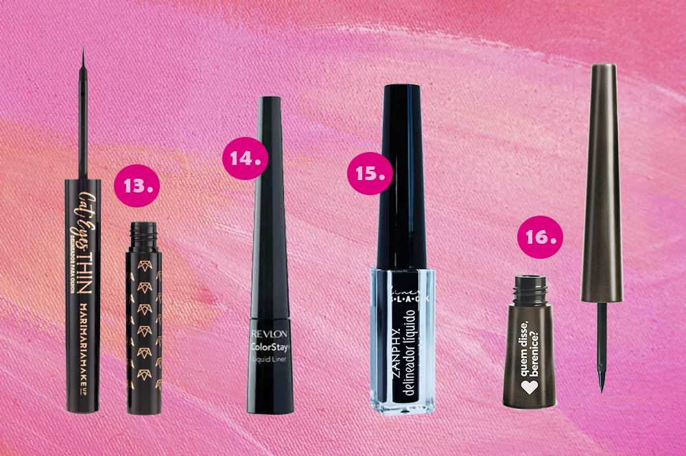 delineador-preto-liquido- Montagem em fundo rosa de quatro delineadores líquidos pretos