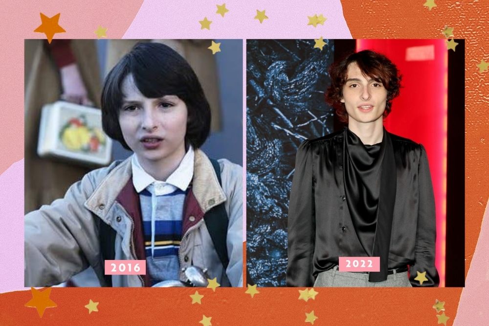 Finn  Wolfhard em 2016 e, atualmente, em 2022.Montagem com borda colorida com as cores laranja rosa e estrelas mostrando as diferenças na aparência do elenco de stranger things.