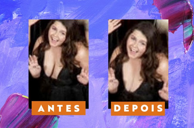 Escola edita foto do yearbook de aluna pra diminuir decote e esconder seios Foto de uma adolescente branca, cabelos castanhos e vestido preto, com comparação de uma foto real e a outra borrada na parte do decote de seu vestido