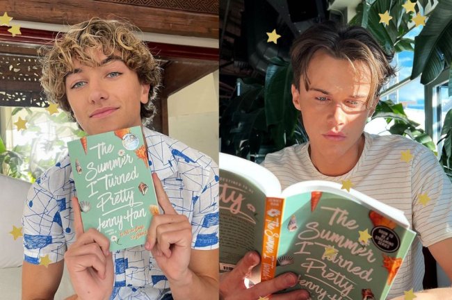 Duas imagens; na primeira Gavin Casalegno sorrindo levemente e segurando o livro The Summer I Turned Pretty e sorrindo; na segunda Christopher Briney com expressão concentrada enquanto lê o livro The Summer I Turned Pretty; estrelas amarelas decoram a imagem