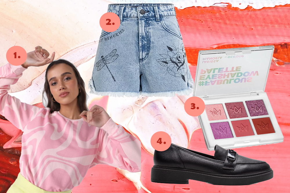 presentes-dia-dos-namorados-01 Montagem em fundo rosa e vermelho com quatro produtos. Um moletom rosa, um short jeans, uma paleta de sombras e um mocassim preto.
