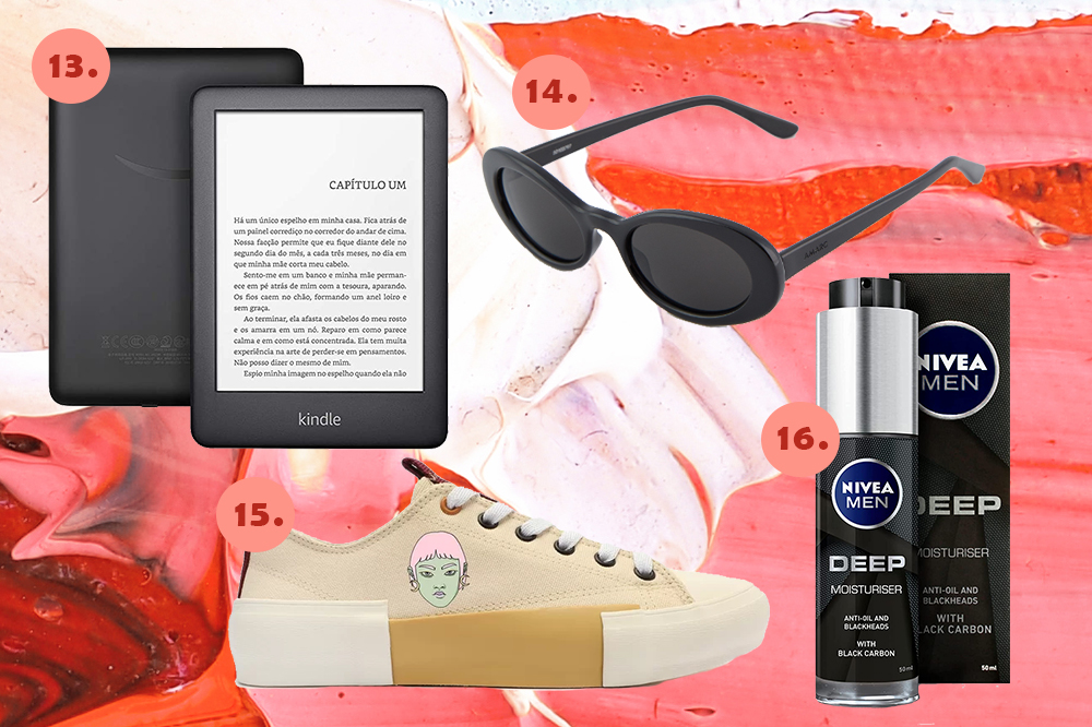 presentes-dia-dos-namorados-04 Montagem em fundo rosa e vermelho com quatro produtos. Um kindle, um óculos de sol, um tênis e um hidratante facial.