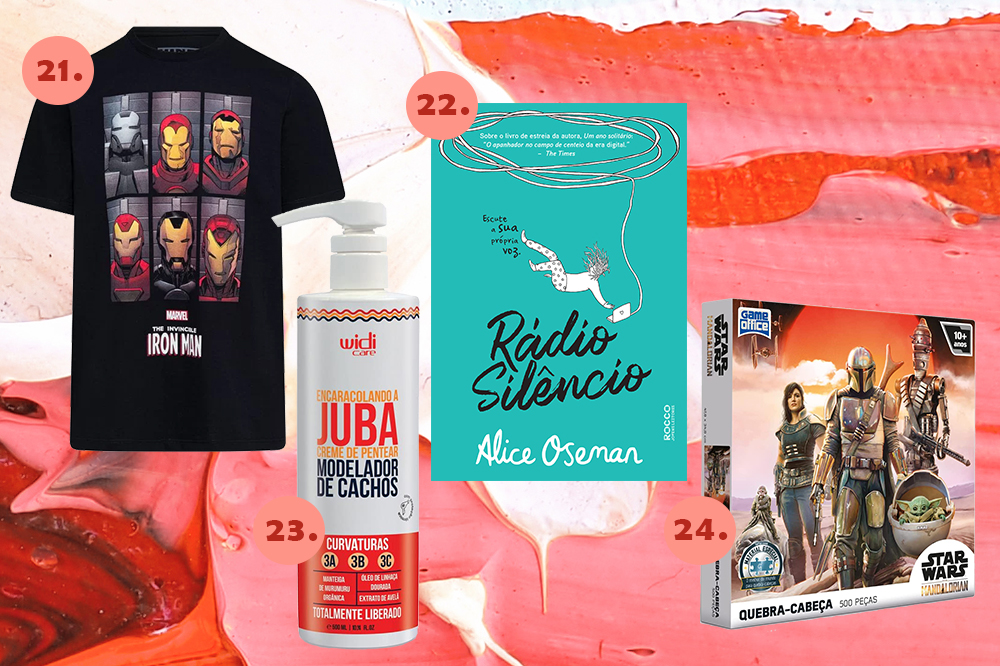 presentes-dia-dos-namorados-06 Montagem em fundo rosa e vermelho com quatro produtos. Uma camiseta do Homem de Ferro, um livro, um produto para cabelo cacheado e um quebra-cabeças do Star Wars.