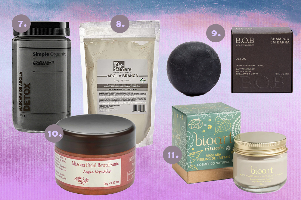 produtos-pele-skincare-com-argila- Montagem em fundo degradê roxo e azul com cinco produtos de skincare que possuem argila na fórmula