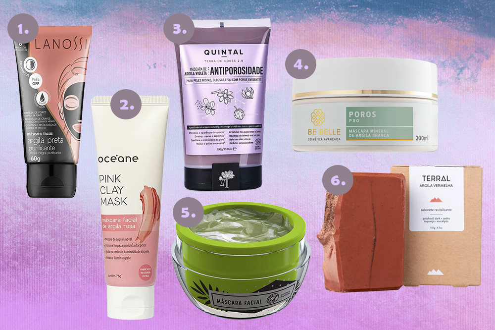 produtos-pele-skincare-com-argila Montagem em fundo degradê roxo e azul com seis produtos de skincare que possuem argila na fórmula