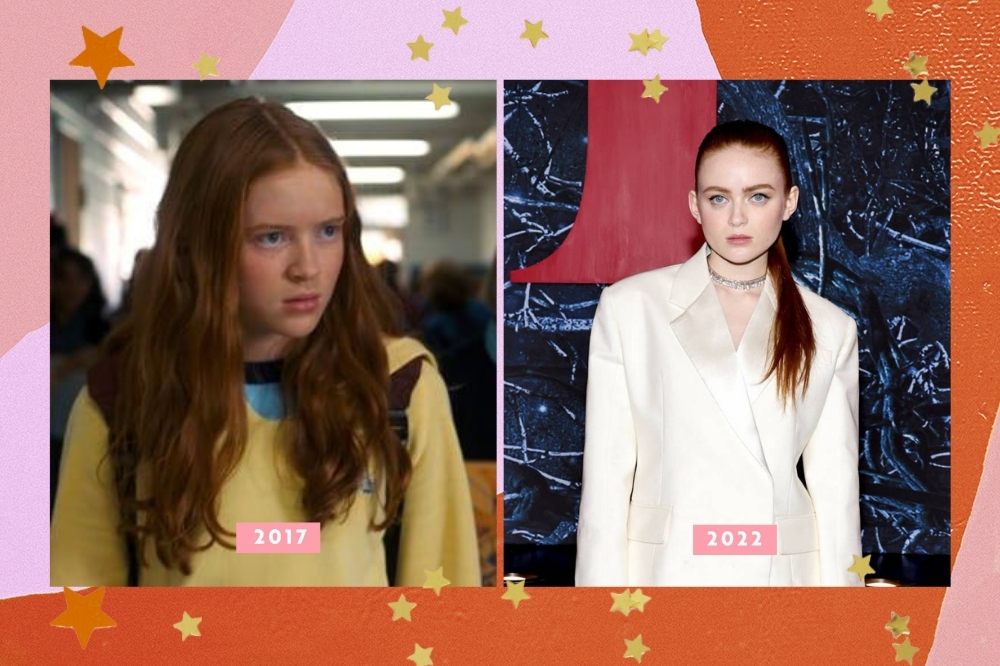 Sadie Sink em 2017 e, atualmente, em 2022.Montagem com borda colorida com as cores laranja rosa e estrelas mostrando as diferenças na aparência do elenco de stranger things.