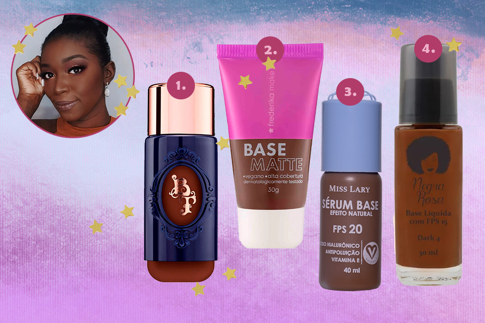 base-pele-negra-francine-monteiro Montagem em fundo degradê roxo e azul com quatro embalagens de base facial