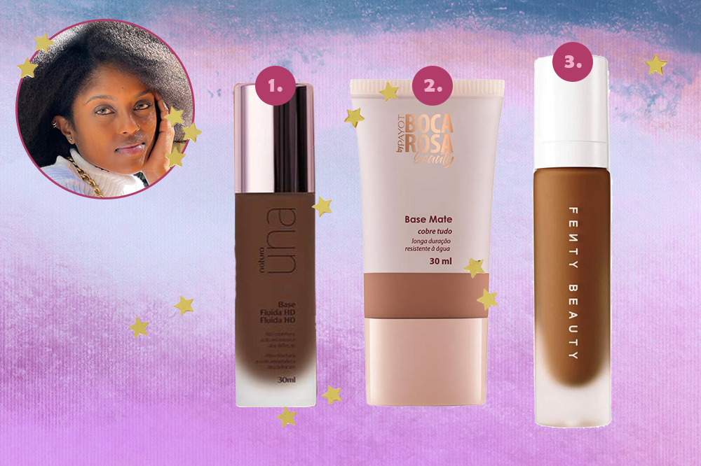 base-pele-negra-kamilla-albino Montagem em fundo degradê roxo e azul com três embalagens de base facial
