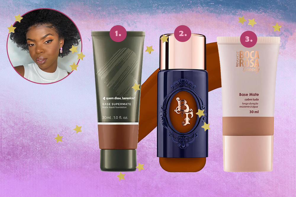 bases-favoritas-pele-negra-deborah-fernanda Montagem em fundo degradê roxo e azul com três embalagens de base facial
