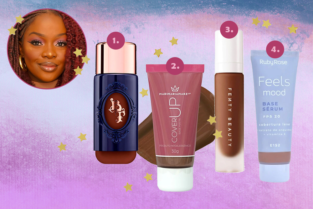 bases-favoritas-pele-negra-juliana-luziê Montagem em fundo degradê roxo e azul com quatro embalagens de base facial