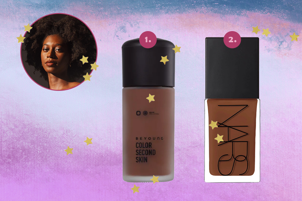 bases-pele-negra-vitoria-ribeiro Montagem em fundo degradê roxo e azul com duas embalagens de base facial