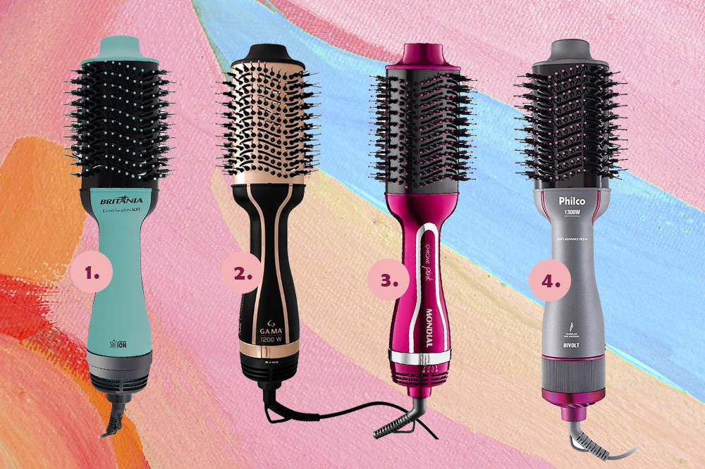 escova-secadora-cabelo-01 Montagem em fundo rosa, laranja e azul com quatro escovas secadoras de cabelo