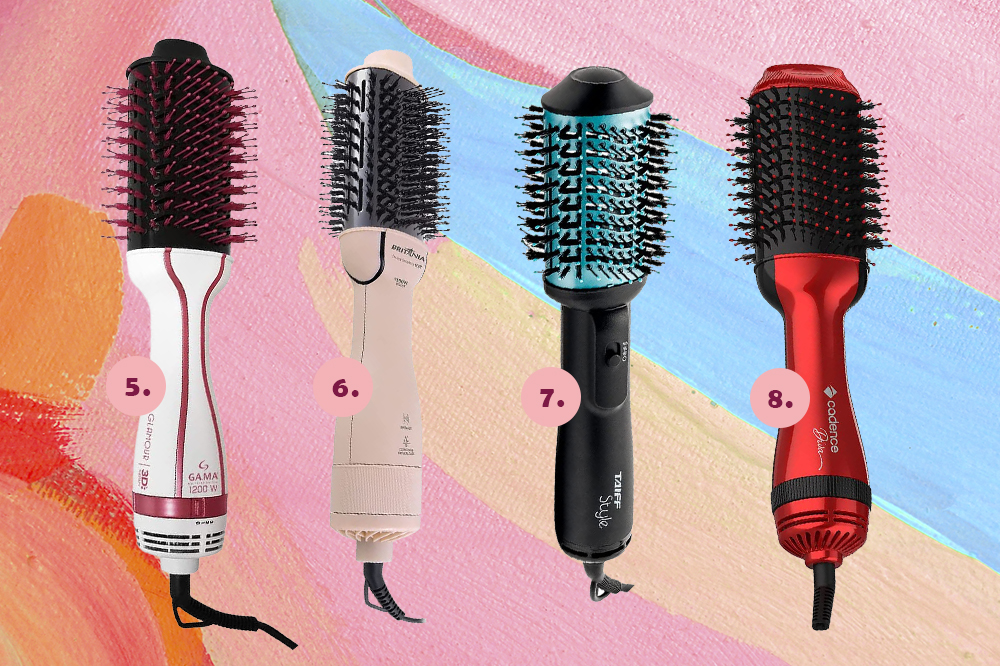 escova-secadora-cabelo-02 Montagem em fundo rosa, laranja e azul com quatro escovas secadoras de cabelo