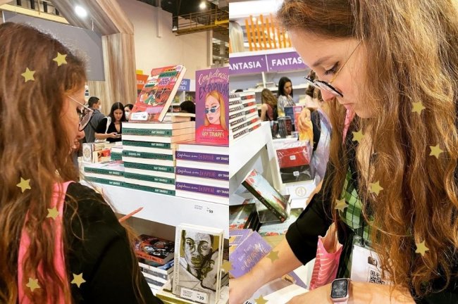 ray tavares bienal Duas imagens de Ray Tavares na Bienal do Livro 2022; na primeira ela está olhando livros no estande e na segunda ela está autografando um de seus livros