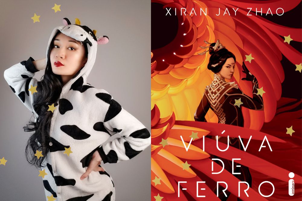 Foto de Xiran Jay Zhao com roupa de estampa de vaquinha; ao lado capa do livro Viúva de Ferro