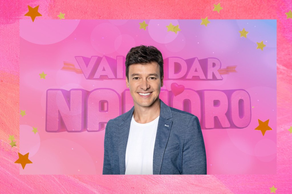 Fundo rosa escrito “vai dar namoro” com a foto do Rodrigo faro na frente