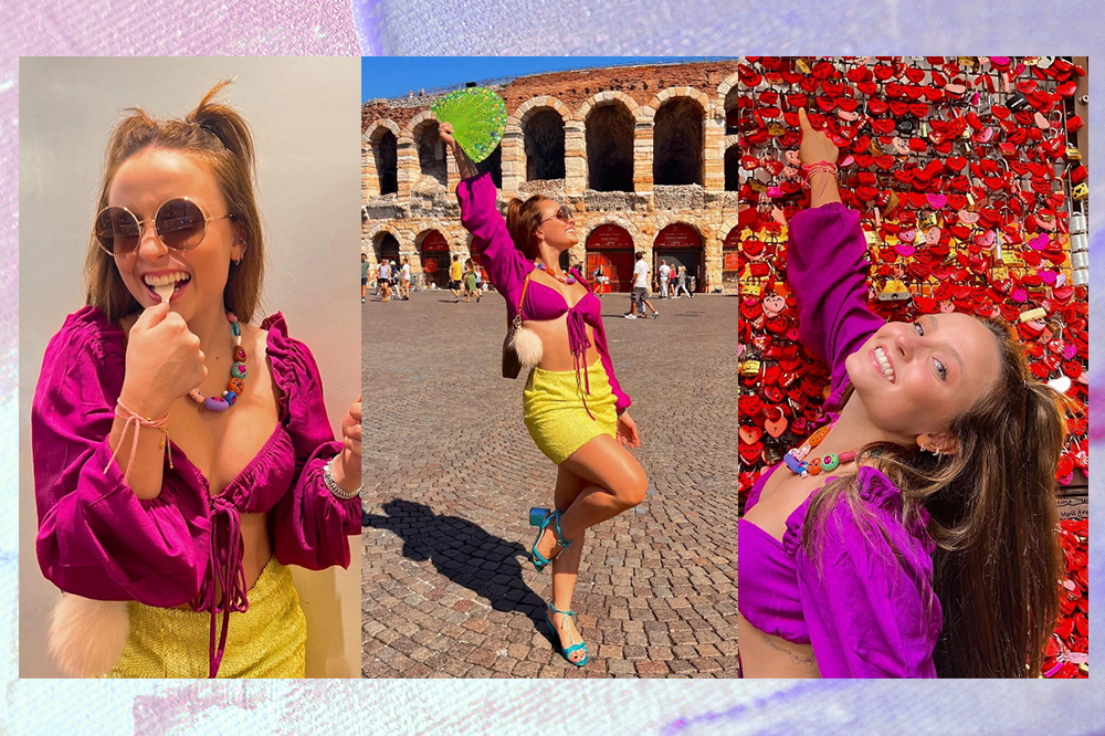 colar-larissa-manoela Montagem em fundo lilás e rosa com três fotos de Larissa Manoela usando top roxo, saia amarela em viagem para Itália