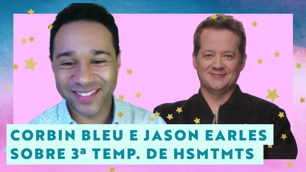 Recorte de Cobrin Bleu e Jason Earles sorrindo em um fundo rosa; a margem é uma textura nas cores azul, rosa, branco, lilás e roxo com estrelas amarelas como decoração; o título "Corbin Bleu e Jason Earles sobre 3ª temp de HSMTMTS" está em verde com um fundo verde mais claro na parte inferior direita da imagem