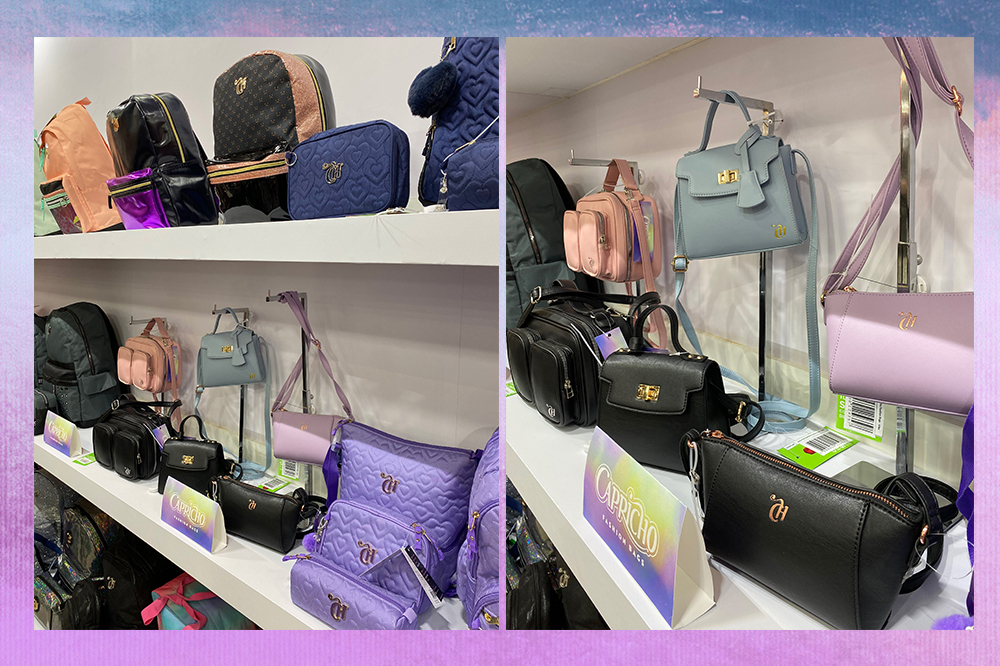 mochilas-capricho-sestini-2023-material-escolar Montagem em fundo degradê roxo e azul com fotos de mochilas, bolsas e estojos da coleção 2023 da CAPRICHO para Sestini