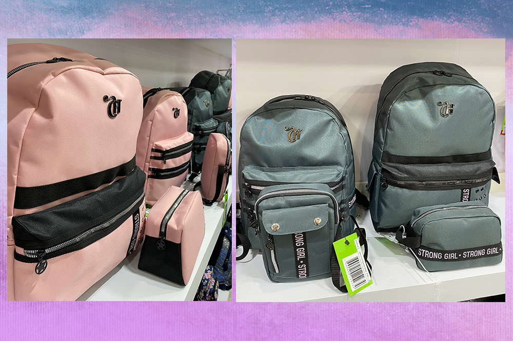 mochilas-capricho-sestini-2023 Montagem em fundo degradê roxo e azul com fotos de mochilas da coleção 2023 da CAPRICHO para Sestini