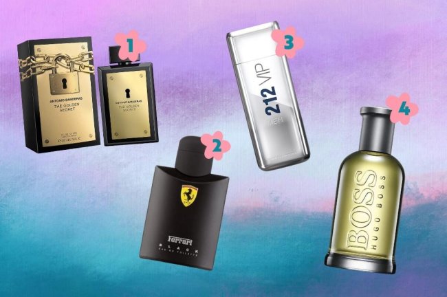 sugestoes-presentes-dia-dos-pais-1 Montagem com o fundo degradê em roxo e azul com quatro opções de perfumes para dar de presente no Dia dos Pais.