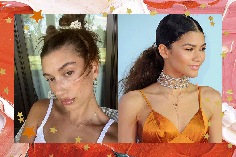 Montagem em fundo com textura de tintas em vermelho, laranja, rosa, branco e verde e estrelinhas douradas espalhadas de duas fotos, uma de Hailey Bieber e outra de Zendaya, com elementos característicos do “clean girl”.