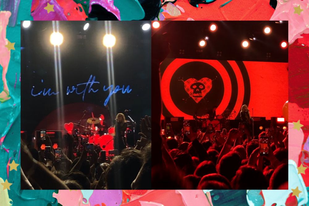 Duas fotos de show de Avril Lavigne em São Paulo; na primeira ela está cantando no palco com um telão com a frase "I'm with you" (eu estou com você, em português) sendo exibida no telão; na segunda ela está cantando no palco com um telão nas cores preto e vermelho com uma caveira preta no centro de um coração vermelho sendo exibido no telão do palco; a margem é uma textura de tintas nas cores vermelho, verde, roxo, azul, lilás, rosa e preto com estrelas amarelas decorando a imagem