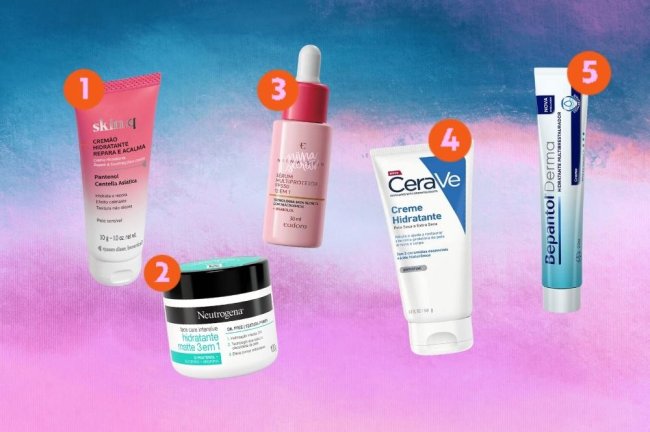 indicacao-de-produtos-multifuncionais-para-a-pele Montagem com o fundo colorido em um degradê roxo e azul com a foto de 5 produtos multifuncionais para a pele.