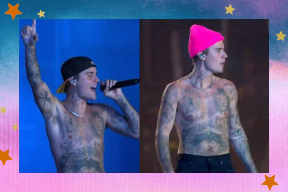 Duas fotos de Justin Bieber no Rock in Rio; na primeira, ele está sem camisa e de boné com a aba para trás, cantando enquanto segura um microfone em uma mão e levanta a outra; na segunda, ele está sem camisa e usando um capuz rosa enquanto olha para o lado; a margem é uma textura nas cores azul, rosa, branco e roxo; estrelas amarelas e laranjas decoram a imagem