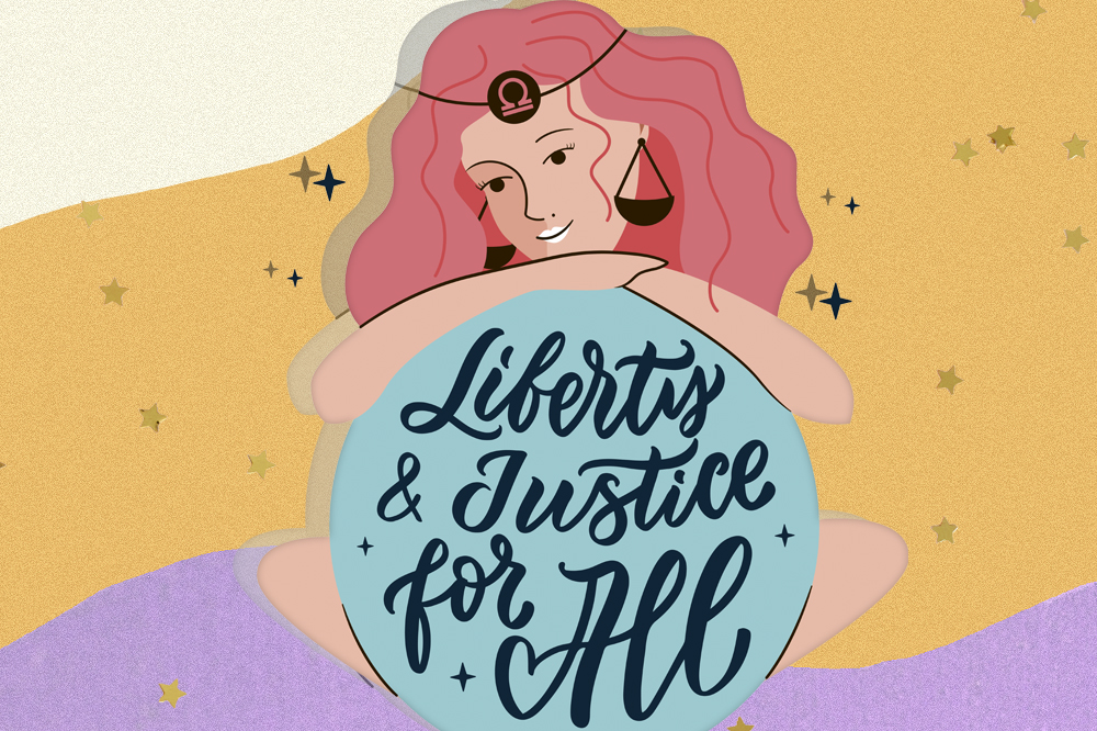 Ilustração do signo de Libra. Uma mulher de cabelo rosa e brincos de balança segura uma bola de cristal com os dizeres "liberdade e justiça para todos"