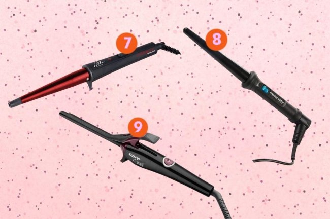 opcoes-babyliss-cabelo-2 Montagem com o fundo rosa com bolinhas com três opções de babylisses no centro.
