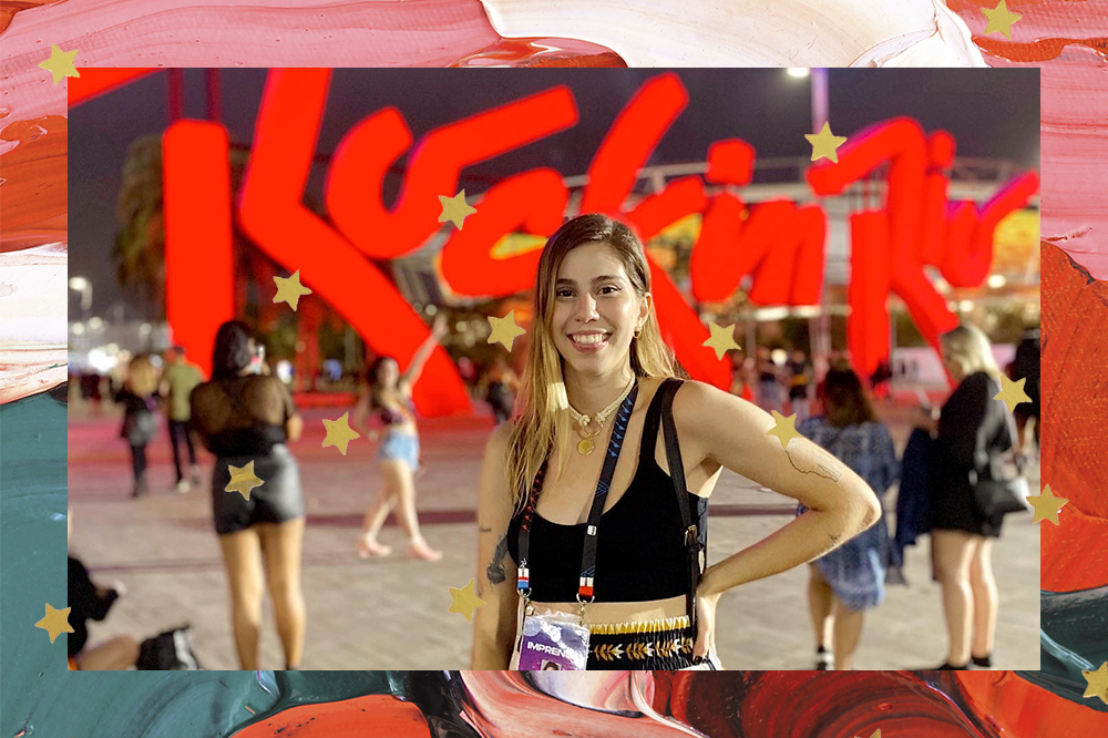 Montagem de foto da repórter Sofia Duarte no Rock in Rio com fundo verde, vermelho e rosa com estrelinhas douradas